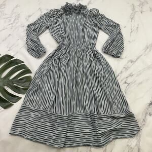 Connections Womens Vintage 80s Blouson Dress Size M Gray Silver Stripe Sheer
